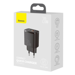Baseus Compact szybka ładowarka sieciowa USB / USB Typ C 20W 3A Power Delivery Quick Charge 3.0 czarny