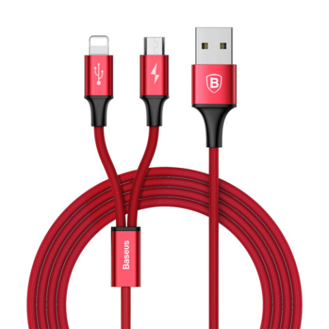 Baseus Rapid kabel przewód USB 2w1 Lightning / micro USB w nylonowym oplocie 3A 1.2m czerwony